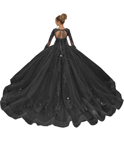 Kncpti Women's Puffy Long Sleeve Quinceanera Ball Gown for Sweet 15 16 Lace Appliques Birthday Evening Prom Party Gown Black 2 : Clothing, Shoes & Jewelry