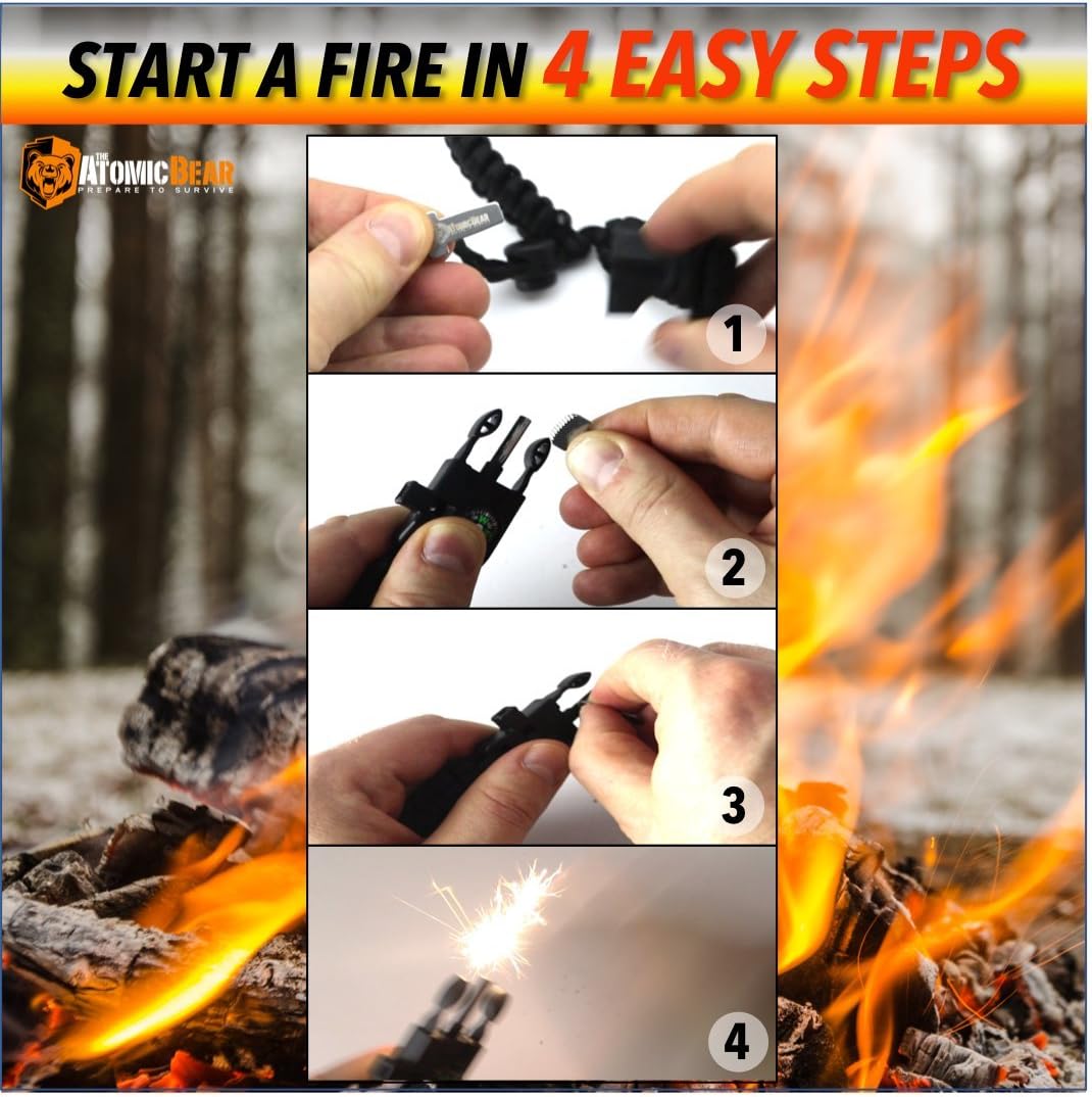 Atomic Bear Paracord Bracelet (2 Pack) – Adjustable Size – Fire Starter – Loud Whistle – Emergency Knife – Perfect for Hiking, Camping, Fishing and Hunting – Black & Black+Orange : Sports & Outdoors