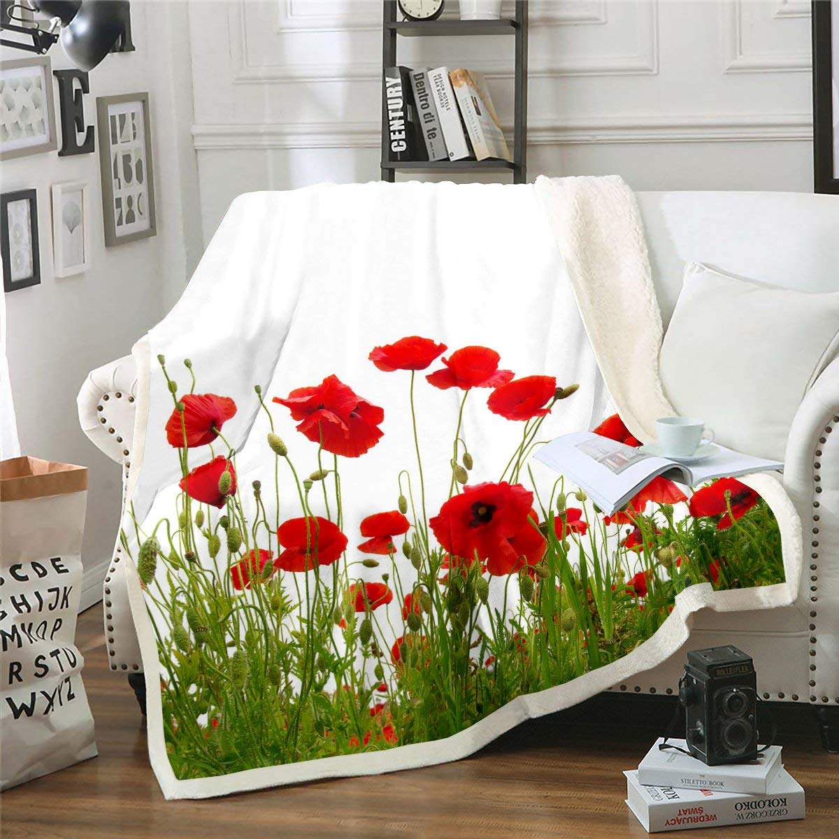 Loussiesd Girls Floral Fleece Throw Blanket Poppies Flowers Print Plush Blanket for Bed Sofa Women Bright Red Flower Sherpa Blanket Botanical Branches Warm Fuzzy Blanket Room Decor Double 60x79Inch