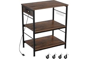 Bakers Rack with Power Outlet Kitchen Microwave Stand Cart 3 Tier Coffee Bar Table Kitchen Storage Shelf Rack with 10 S-Shape