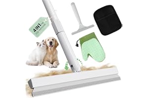PWBSLAI Carpet Rake for Pet Hair Removal Tool - 4 in 1 Pet Hair Remover Kit for Dog Cat Fur Remover, Contain 60" Adjustable Rubber Broom, Glove, Magic Brush and Scraper for Home Furniture, Rugs, Mats