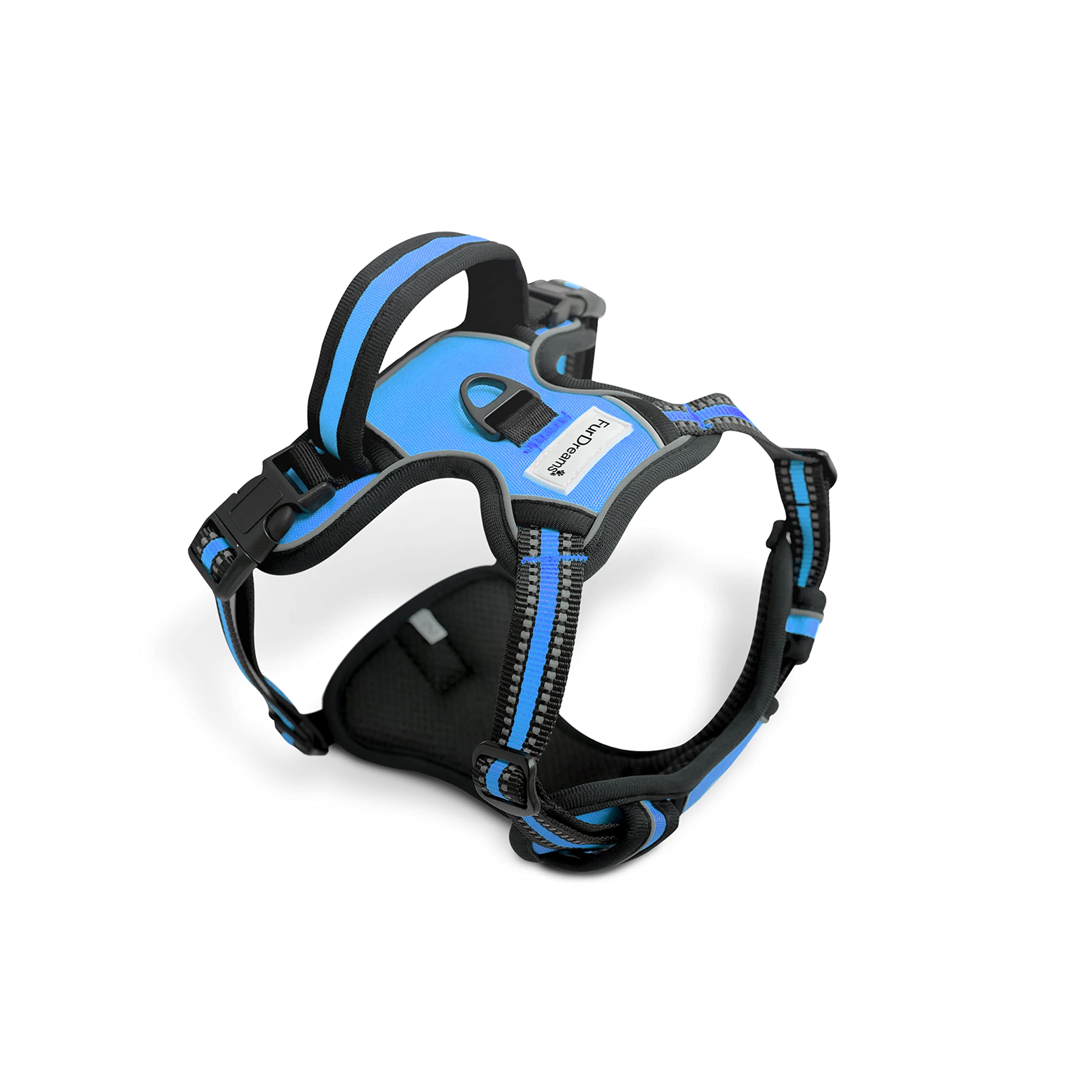 FurDreams Dog Harness – Secure Padded Vest Harness, Comfortable Material with Reflective Strips, Non-Restrictive, No Choke Fit with 4 Adjustable Straps, No Pull, Clip On Easy (Medium, Blue)