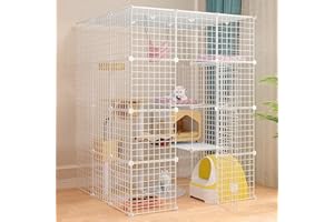 OLD TJIKKO Large Cat Cage Enclosure Indoor DIY Cat Fence Detachable Wire Kennel Crate Ideal for 1-4 Cats, 41L x41W x55H with Platform Bed and Ladder (White)