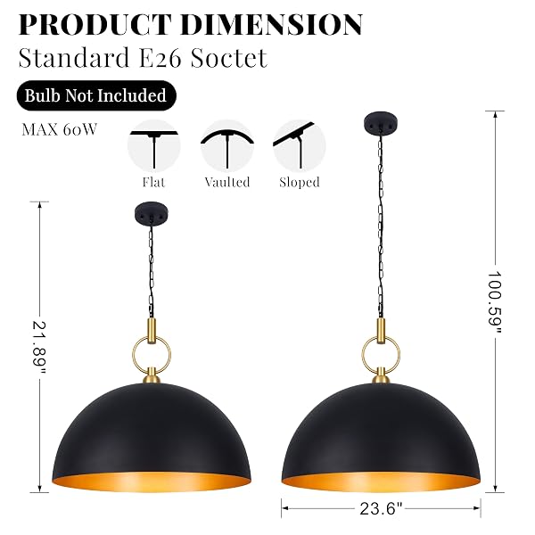 CORLACELING 23.6″ FARMHOUSE PENDANT LIGHTS FOR KITCHEN ISLAND, BLACK AND GOLD LARGE DOME PENDANT LIGHT FIXTURE INDUSTRIAL HANGING LAMP FOR DINING ROOM LIVING ROOM HALLWAY BAR BEDROOM