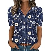 Zeagoo Women Button Down Shirts Puff Short Sleeve Blouses Chiffon Tops Business Casual Outfits Summer Clothes
