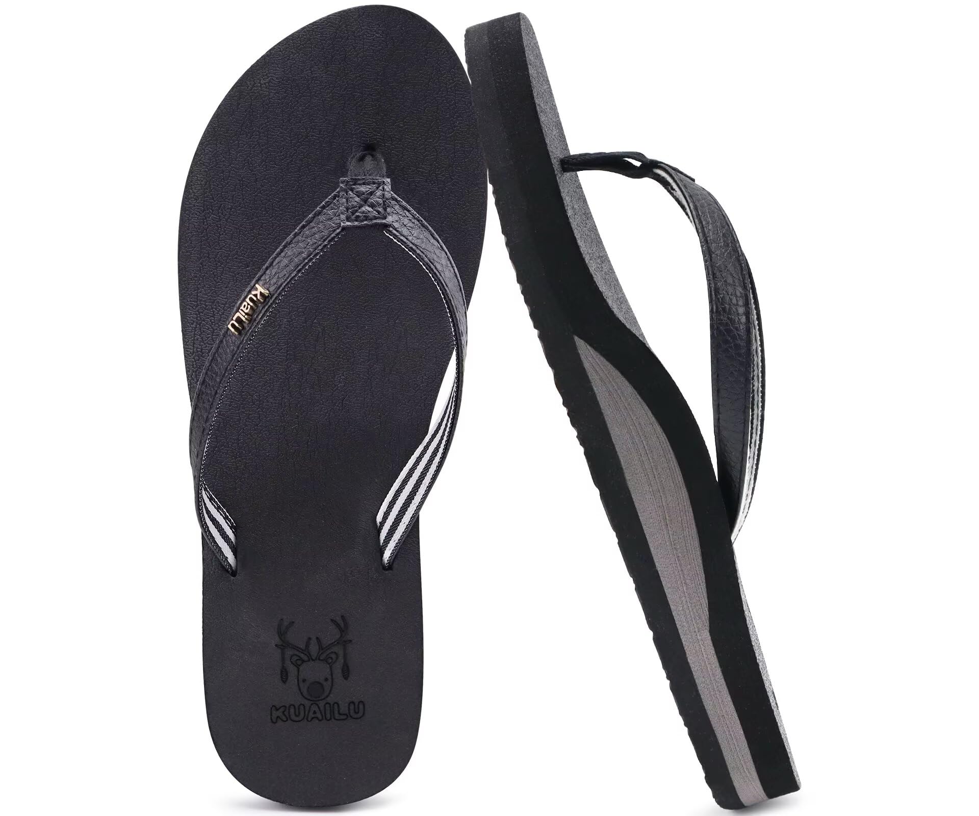 Photo 1 of KuaiLu Womens Arch Support Flip Flops Comfortable Yoga Mat Slip on Leather Walking Thong Cushion Sandals Summer Beach Orthotic Slides Travel Essentials Indoor Outdoor Slippers Shoes Black Size 6.5