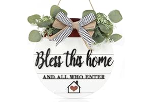 3D Bless This Home Wooden Door Sign Hanging, Welcome Porch Wall Sign with Bow-Knot Wreath, Bless This Home and Who Enter Sign