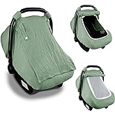 Hooyax Muslin Car Seat Covers for Babies, Summer Baby Car Seat Cover for Boys Girls with Breathable Window, Lightweight Infant Car Seat Canopy, Green