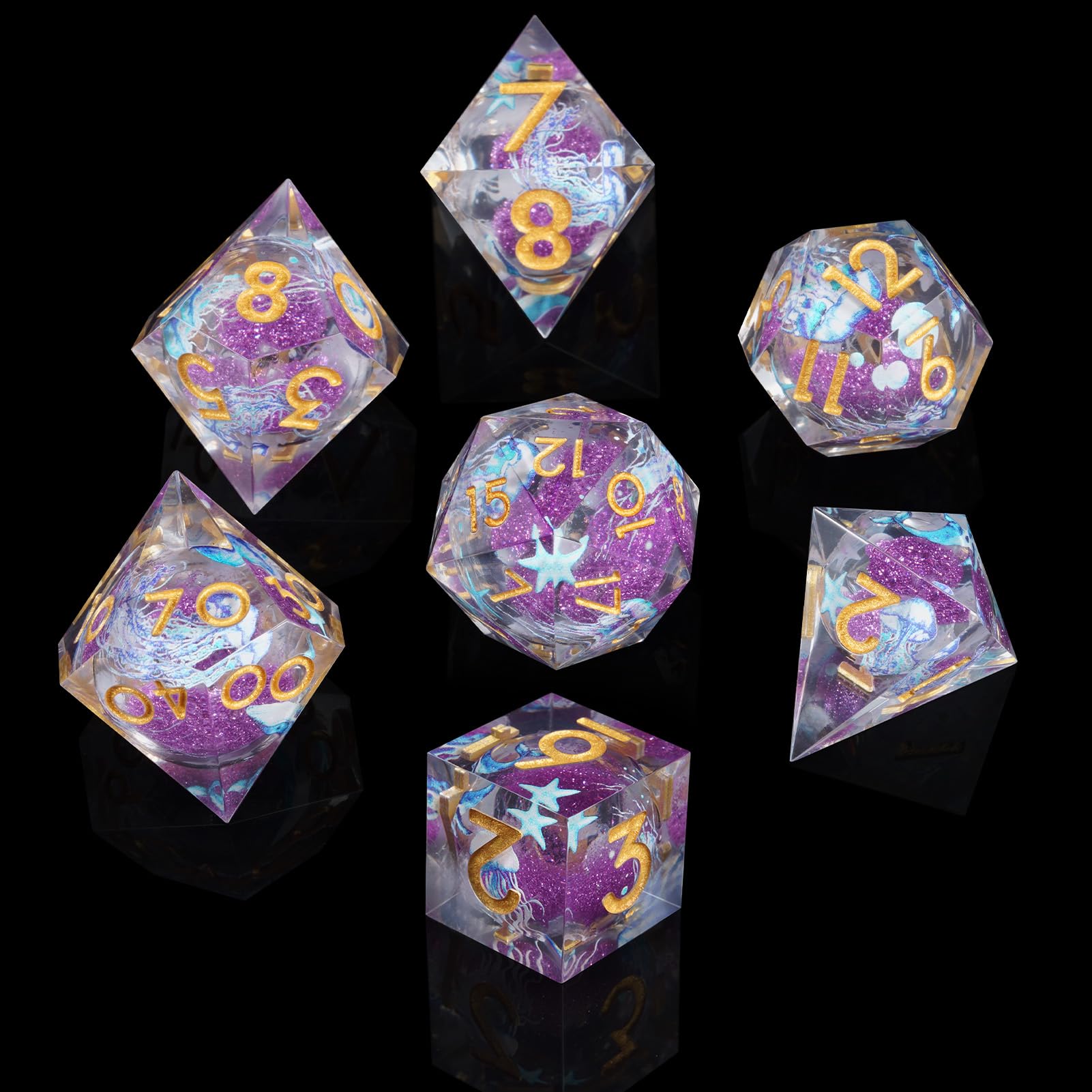 ORUZA 7 PCS Polyhedral Liquid Core DND Dice, Resin Sharp Edge Quicksand Dice D&D Dice Set for Dungeons and Dragons RPG MTG Role Playing Game Dice D20 D12 D10 D8 D6 D4 D%