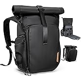 K&F CONCEPT Camera Backpack, Camera Bag with 15.6 Inch Laptop Compartment, Roll Top&Front Pocket Expandable Camera Backpack with Side Access for Photographers