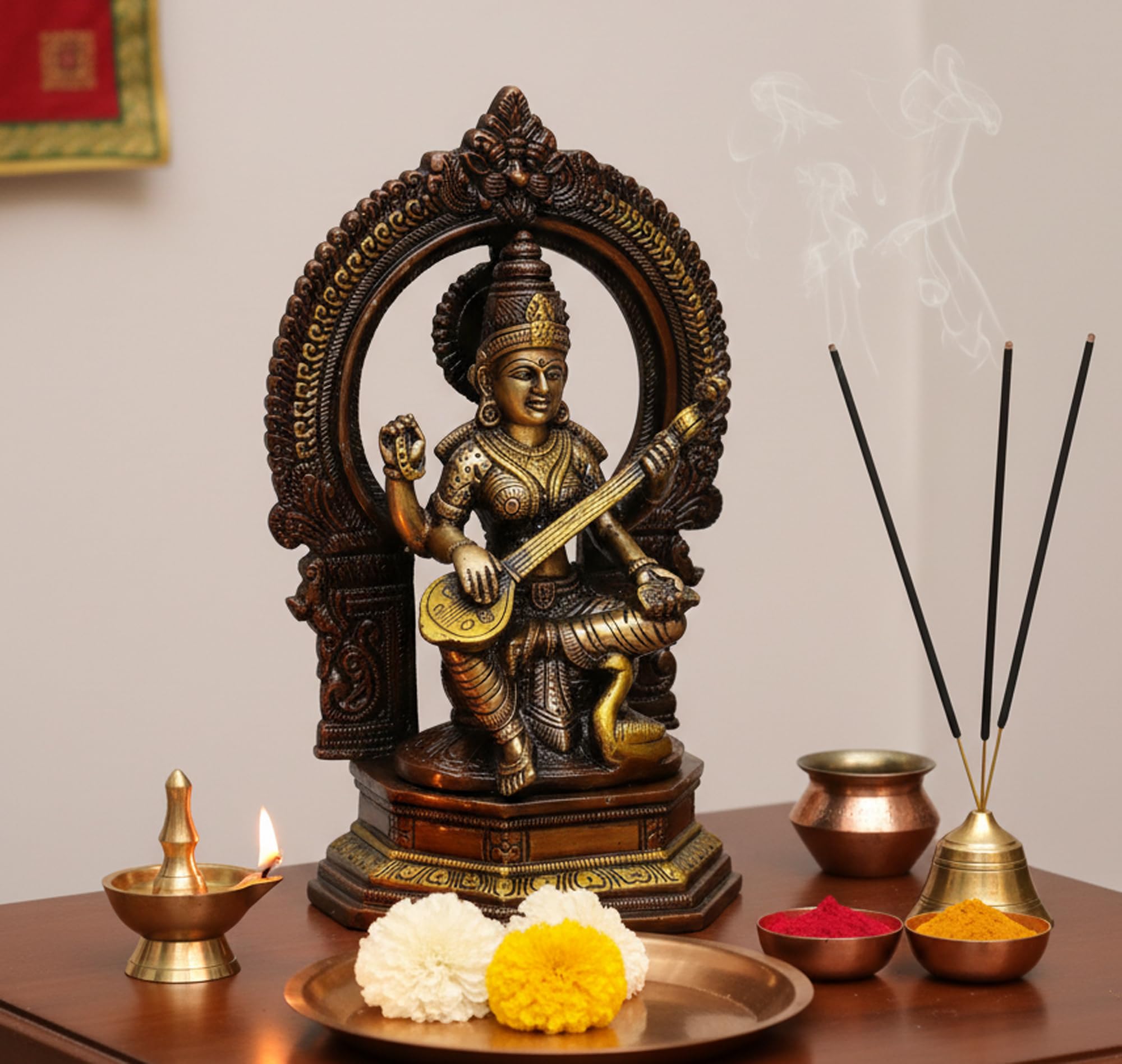 ESPLANADE Brass Saraswati Maa Murti Idol Statue Sculpture for home decor and temple - 9.75" Inches - Multi