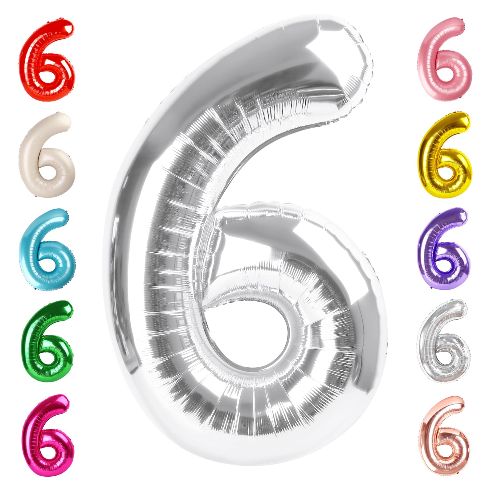 6 Balloon Numbers Birthday Decorations, 40In Silver Balloons for Men Women