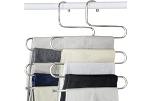 devesanter Pants Hangers Non-Slip S-Shape 4 Pack Trousers Hangers Stainless Steel Clothes Hangers Closet Storage Organizer for Pants Jeans Scarf (4 Pack with 10 Clips)