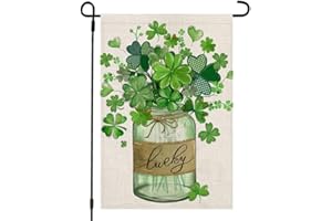 CROWNED BEAUTY St Patricks Day Shamrocks Mason Jar Garden Flag 12x18 Inch Double Sided for Outside Small Green Clovers Lucky Holiday Burlap Yard Decoration