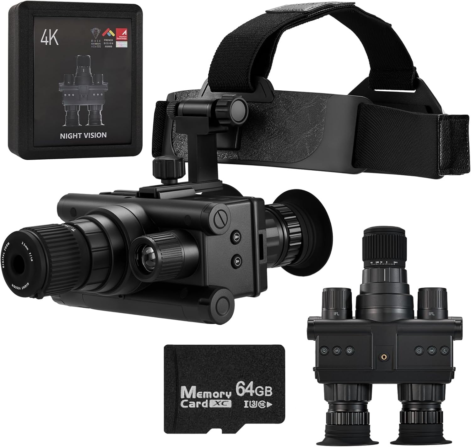 Photo 1 of 4K Night Vision Goggles with 8X Zoom & Manual Focus - Helmet-Mountable HD Infrared Binoculars for Hunting Camping Surveillance, 64GB SD Card Included, USB-C Rechargeable (12 Hour Battery Life)