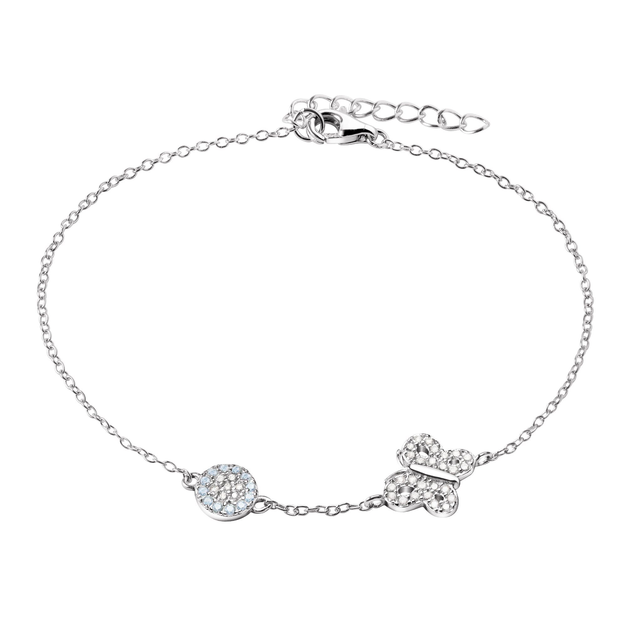 Franki Baker Aquamarine Blue Flower & Crystal Butterfly Bracelet 925 Sterling Silver Length 18cm