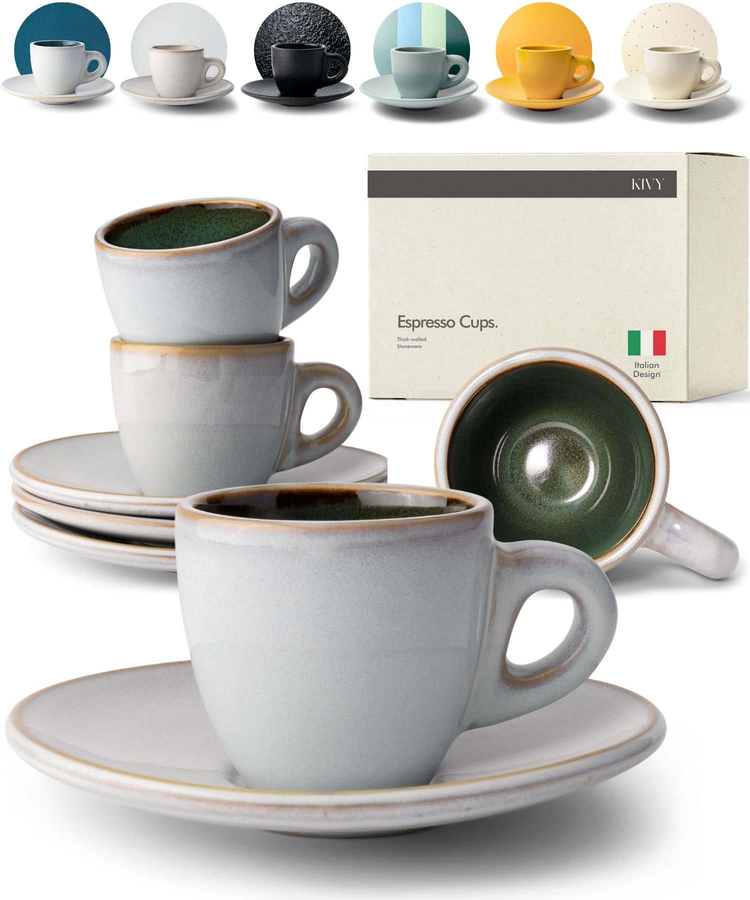 KIVY Espresso Cup Set [4 x 75 ml] – Handmade Thick-Walled Stoneware Espresso Cups – Green Italian Espresso Cup Set with Saucer