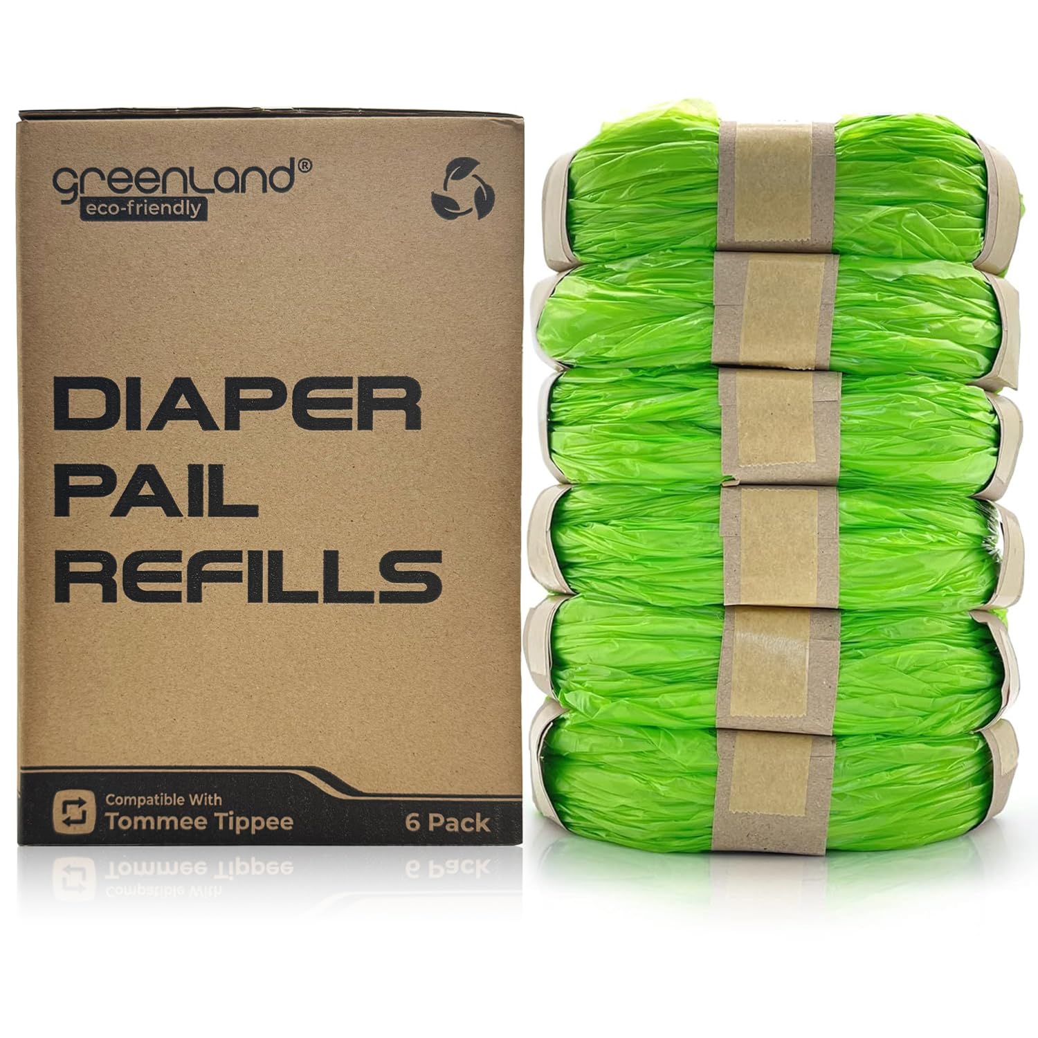 Greenland® Eco-Friendly Refill Film Rings Compatible with Tommee Tippee Simplee Sangenic & Twist & Click (6-Pack Green)