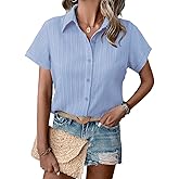 HOTOUCH Womens Button Down Shirt Short Sleeve Dress Shirt V Neck Collared Button Up Summer Tops Textured Work Blouse