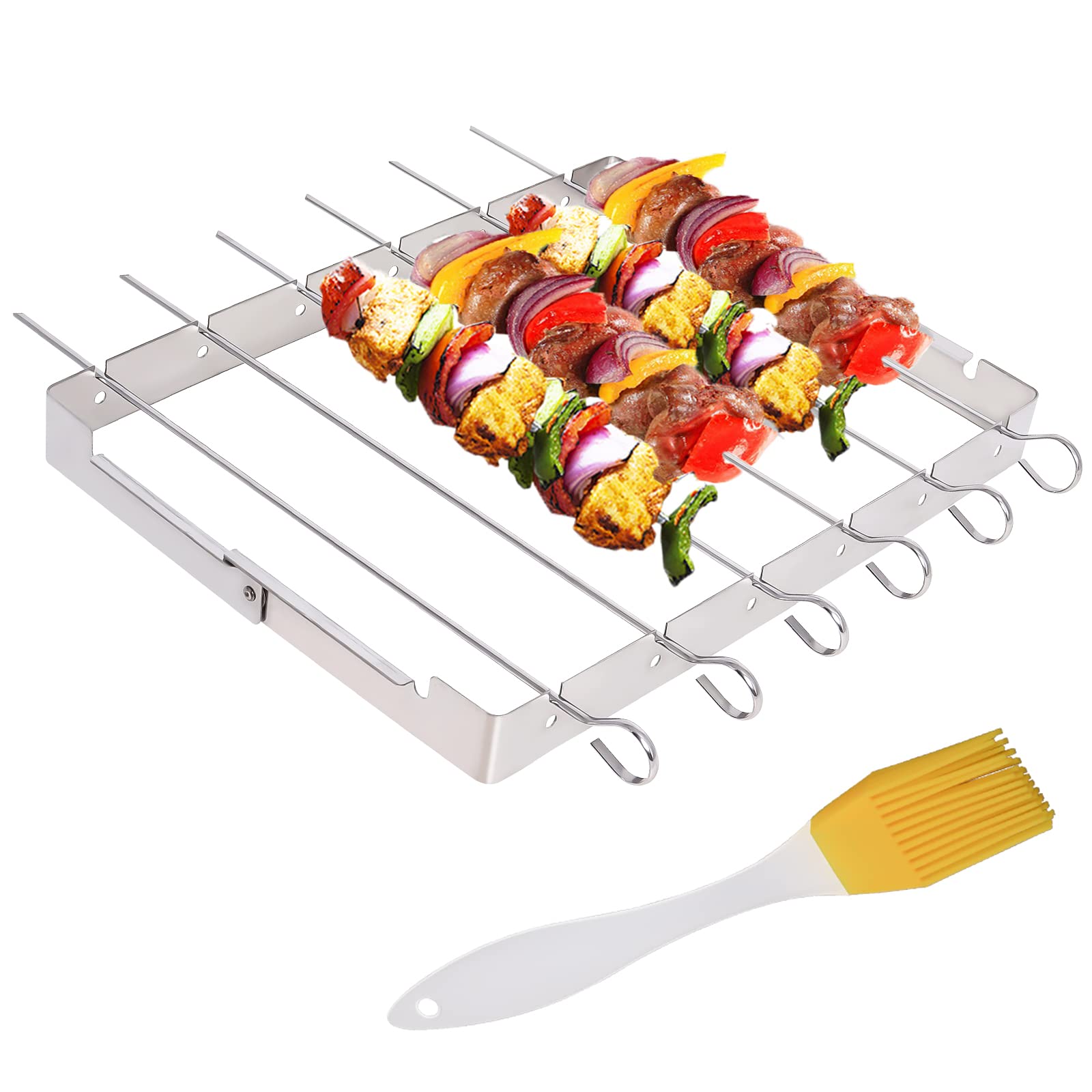BBQ Skewers Stainless Steel Kebab Rack, 6 Kebab Skewers with Foldable Grill Rack Metal Barbecue Accessories with Oil Brush for Party Picnic Gekufa