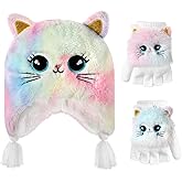 Girls Hat and Gloves Set, Winter Hats and Gloves for Kids, Fluffy Earflap Cat Beanie with Winter Mitten for Kids