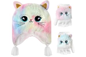 HIFOT Girls Hat and Gloves Set, Winter Hats and Gloves for Kids, Fluffy Earflap Cat Beanie with Winter Mitten for Kids