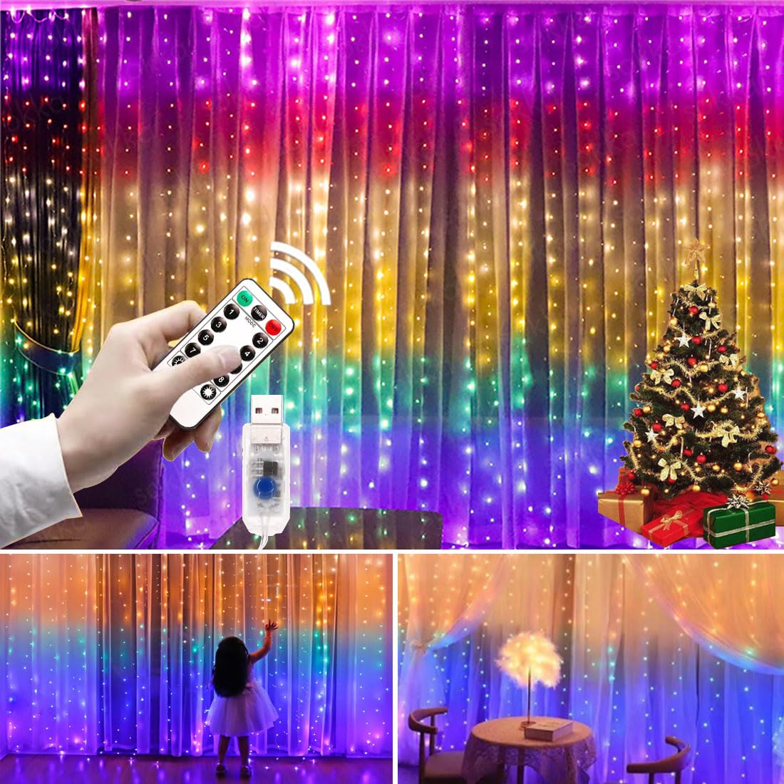 GKKBUFF LED Lights Curtain Fairy Lights 8 Modes RGB Curtain Light Colour Fairy Light USB Multicolor 300 LED String Light USB Powered Lights LED String Light Bedroom Lamp (3Mx2M)