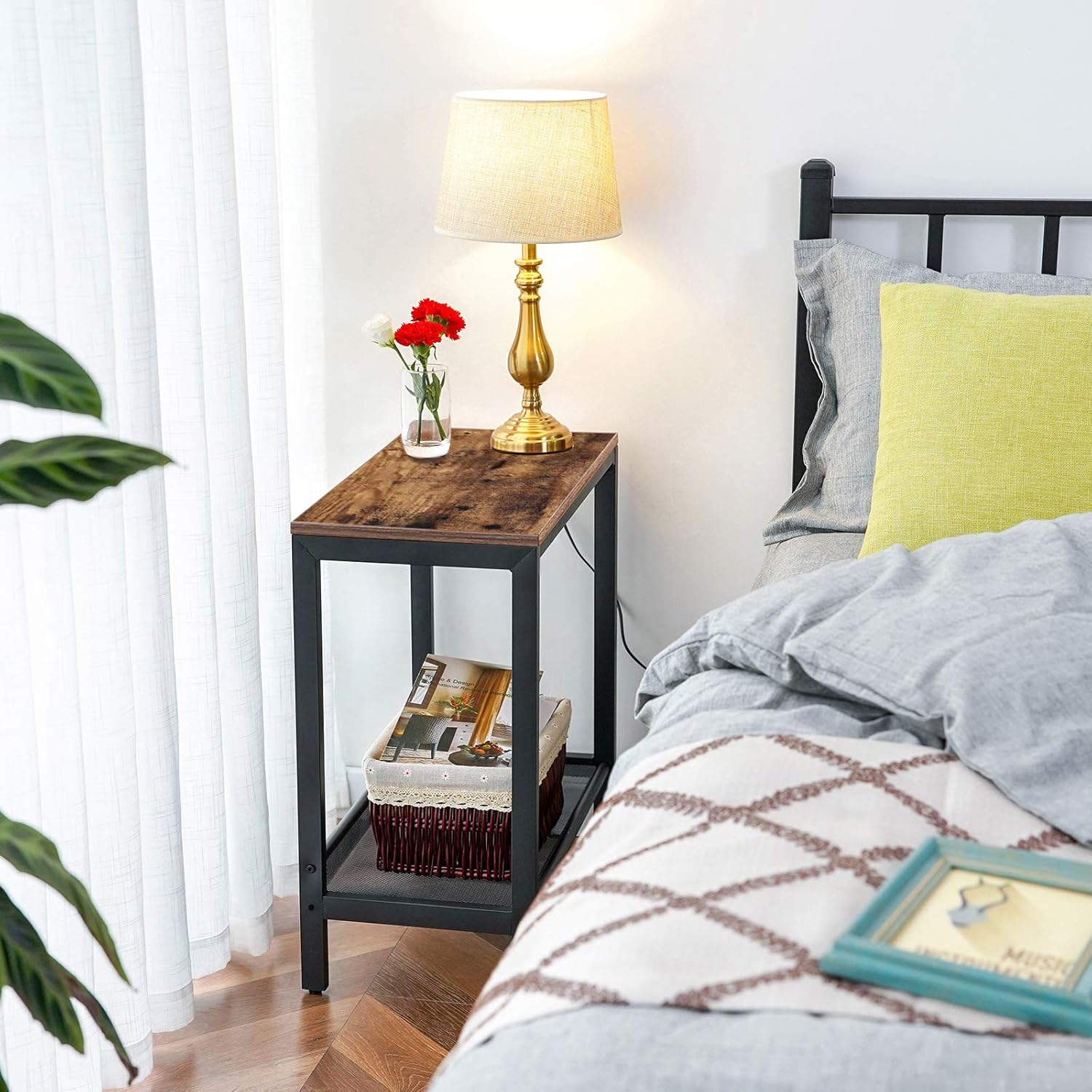 HOOBRO Side Table, Set of 2 Narrow Nightstands, Industrial End Table with Flat or Slant Adjustable Mesh Shelf for Small Spaces, Stable Metal Frame and Easy Assembly, Rustic Brown BF24BZ01: Home & Kitchen