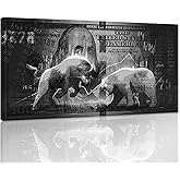 Wall Street Charging Bull Bear Canvas Paintings 100 Dollar Bill Money Poster Wall Art Picture Office Wooden Framed Easy and Ready to Hang-48 inch x 24 inch