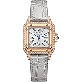 ROCOSJEWE New Square Fashion Women's Watch Exquisite Champagne-Colored Dial with Roman Numerals Gray Bamboo-Patterned Strap Quartz Watch for Women Gift