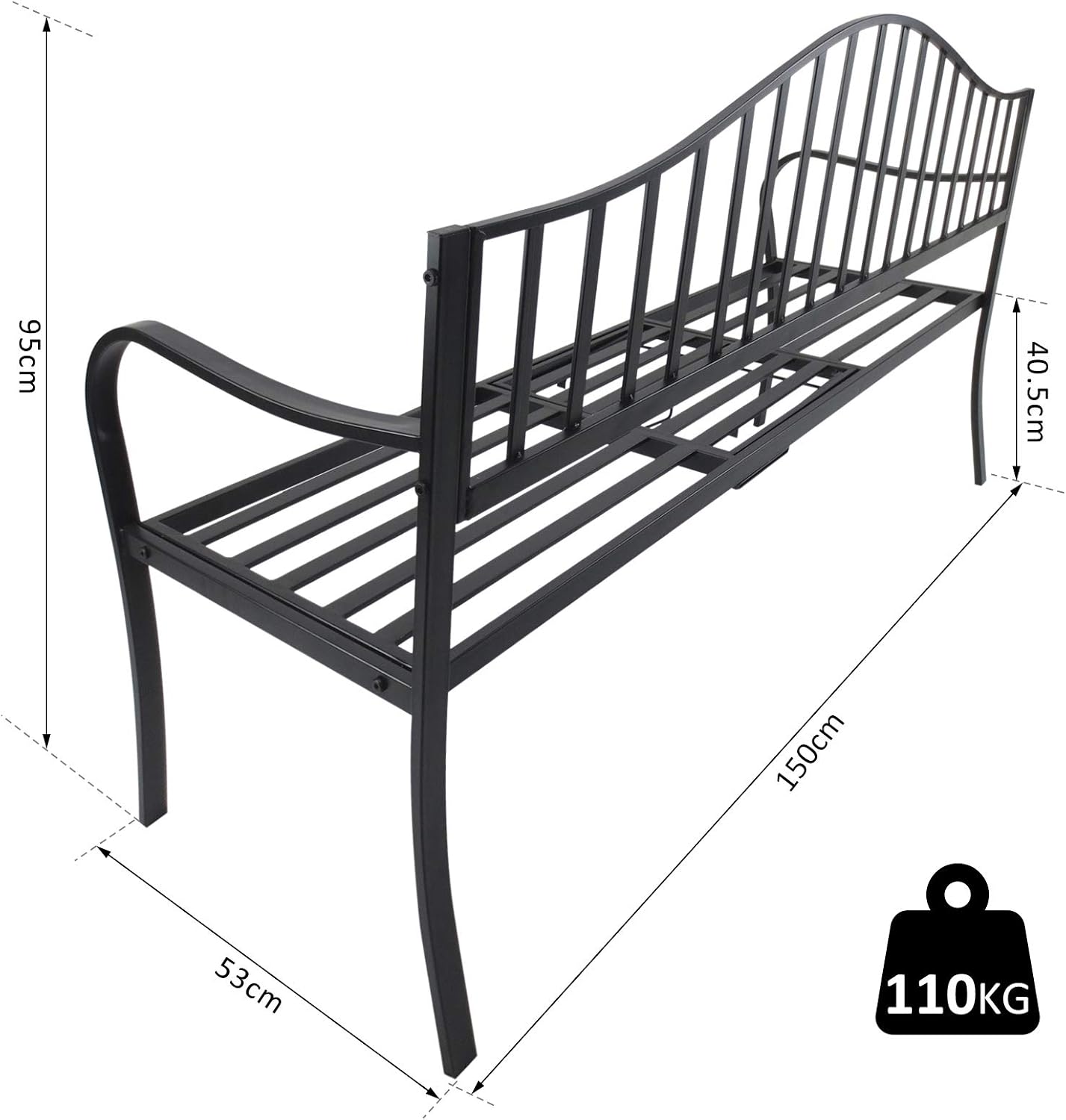 Outsunny Outdoor Metal Frame 2 Seater Bench Patio Park Garden Seating Chair with Foldable Middle Table, Black, Two Seats - Image 3