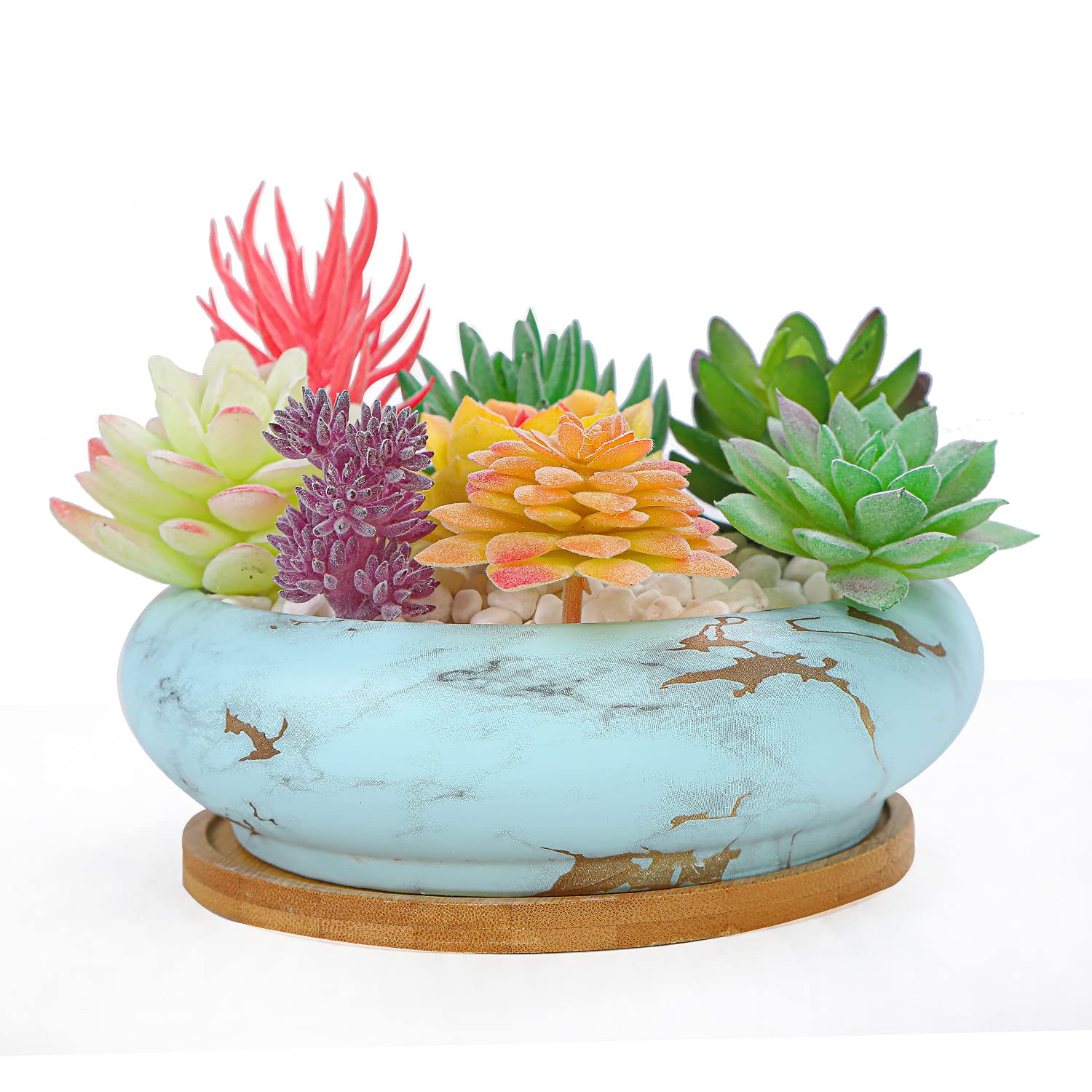 ARTKETTY Succulent Plant Pots, 18.5CM Large Bonsai Pot with Drainage Tray Marble Cactus Plant Pot Ceramic Pots for Indoor/Outdoor Flower Plants Shallow Planter Container Bowl for Home Office Decor