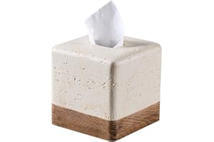 POLYTREE Natural Travertine Match Wooden Square Tissue Box Cover Decorative,Resin Heavy Sturdy Tissue Box Holder, Facial Paper Holder for Bathroom Vanity Countertop, Bedroom Night Stand,Office and End Table