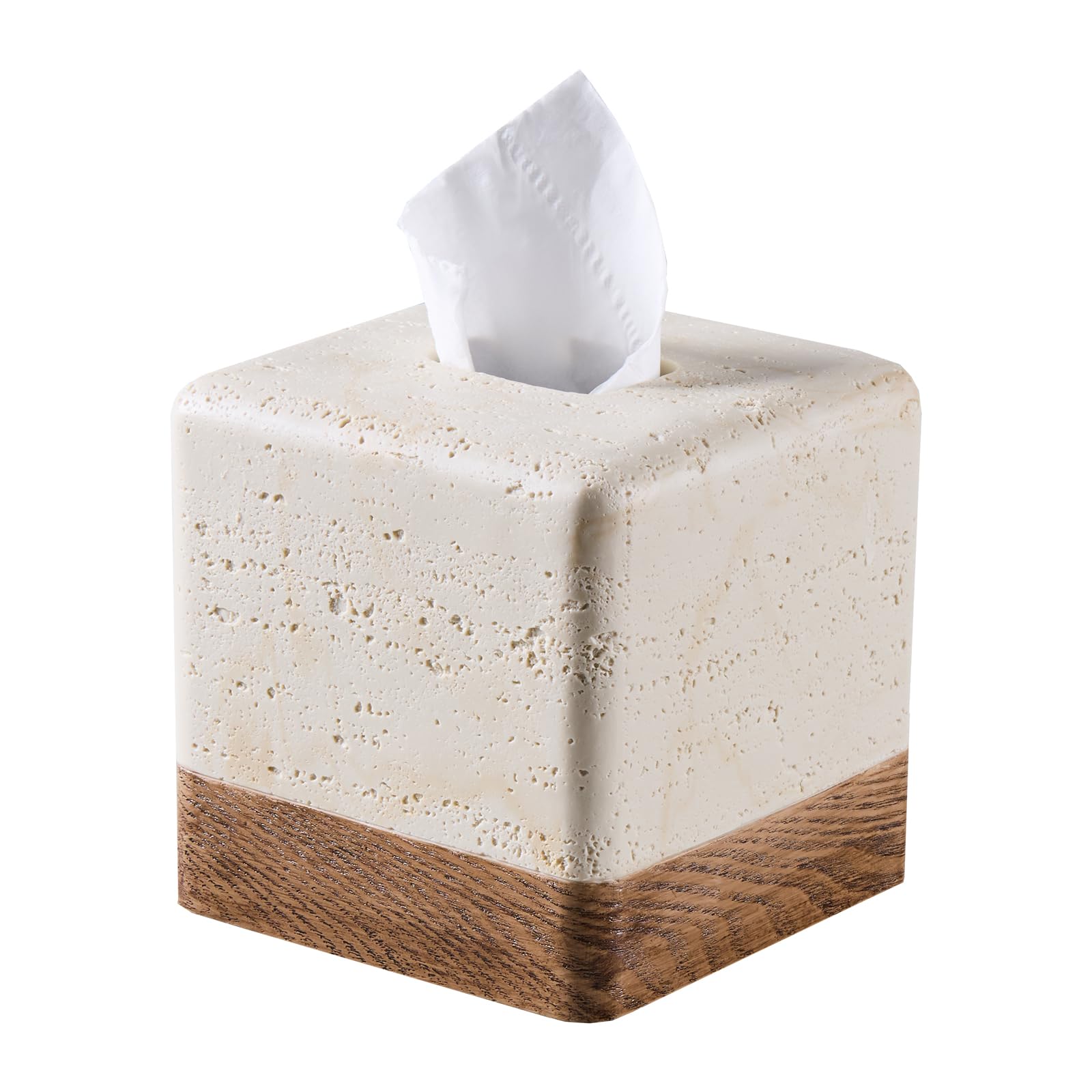 Photo 1 of Natural Travertine Match Wooden Square Tissue Box Cover Decorative,Resin Heavy Sturdy Tissue Box Holder, Facial Paper Holder for Bathroom Vanity Countertop, Bedroom Night Stand,Office and End Table