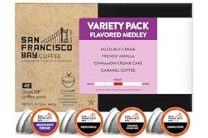 San Francisco Bay Compostable Coffee Pods - Variety Pack Flavored (40 Ct) K Cup Compatible including Keurig 2.0, Hazelnut, Cinnamon, Caramel, Vanilla Flavored Coffee