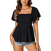 LYANER Women's Square Neck Smocked Peplum Top Ruffle Short Sleeve Shirred Babydoll Blouse