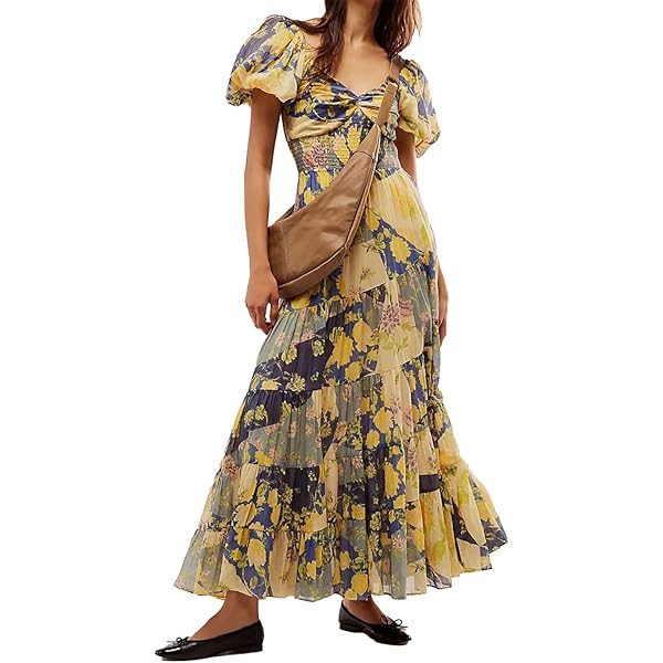 Womens Flowy Smocked Elastic Waist Chiffon Wrap Maxi Dress Short Sleeve V  Neck Floral Midi Dress Spring Sun Dress Black M at Amazon Women's Clothing  store