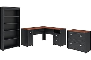Bush Furniture Fairview L Shaped Desk with Bookcase and Lateral File Cabinet in Antique Black