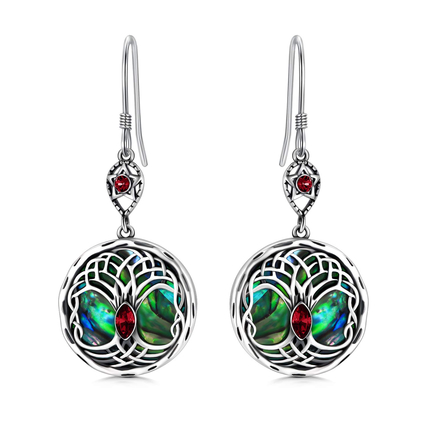 Celtic Tree of Life Earrings Sterling Silver Family Tree Dangle Drop Earrings with Birthstone Crystals, Birthday Jewellery Gifts for Women Her (Red)