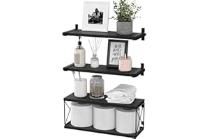 WOPITUES Floating Shelves Wall Mounted, Wood Bathroom Shelves with Extra Storage Shelf, Rustic Wall Shelves for Bathroom, Bedroom, Kitchen, Living Room, Plants - Black