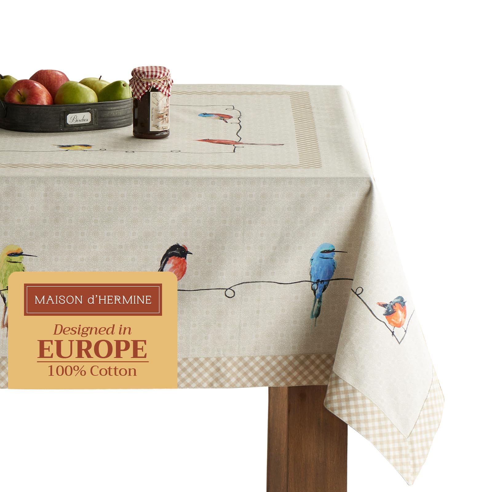 Maison d' Hermine Table Cloth Rectangle Table 100% Cotton 180 cm x 140 cm Tablecloth Reusable Everyday Use for Dining Farmhouse Home Party Festive (Birdies On Wire) — image 1