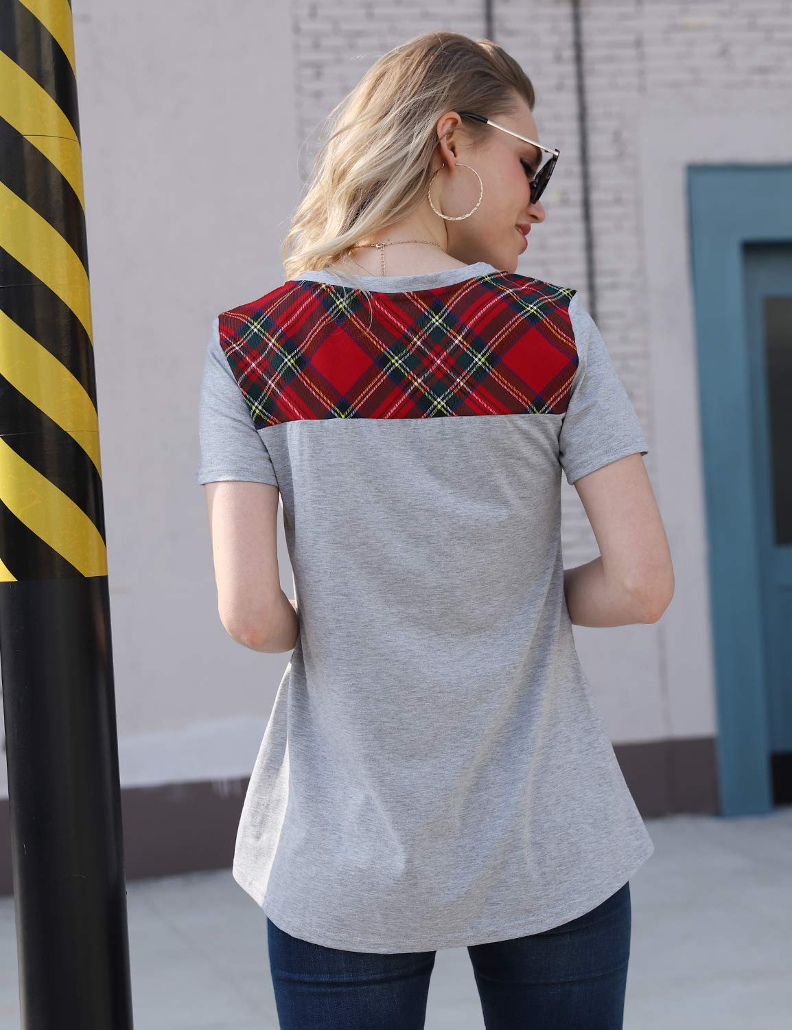 Blooming Jelly Womens Plaid Shirt Short Sleeve Crew Neck T-Shirt Color Block Top Pocket Knit Tunic(Medium, Grey)