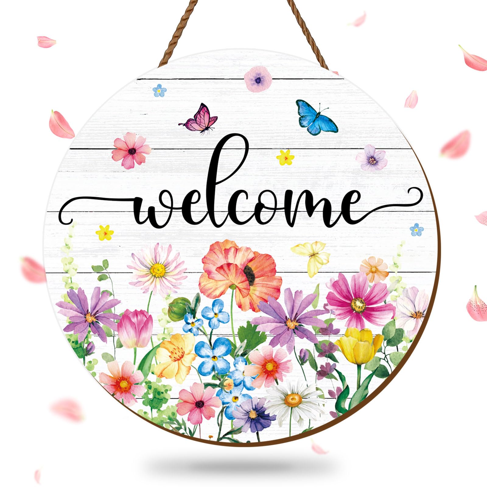 JarThenaAMCS Summer Flower Welcome Door Sign Wildflower Wooden Hanging Sign Floral Butterfly Door Hanger for Spring Summer Indoor Outdoor Farmhouse Home Porch Window Wall Decor
