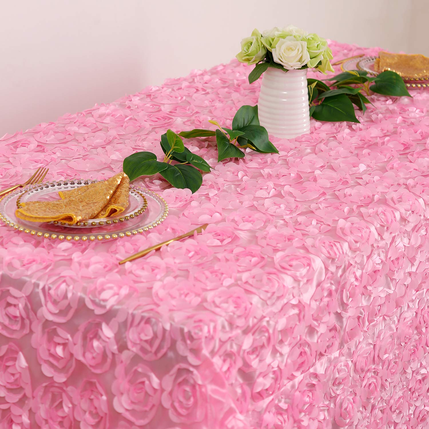 Fanqisi Baby Shower Tablecloth 50x102 Inches Pink Tablecloth Rectangle Satin Overlay Rosette Tablecloth 3D Floral Tablecloth for Wedding Party Event