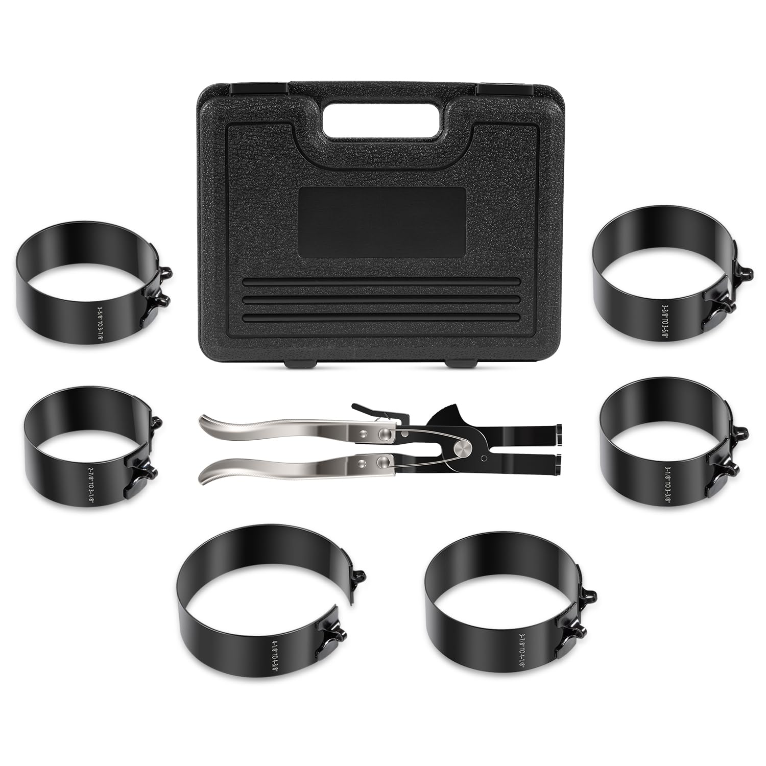 Photo 1 of 940387 Piston Ring Compressor Tool Set for Car Diesel Engines with Vehicle Maintenance Clamps, Ratchet Pliers and Storage Case, Piston Ring Band Sizes 2-7/8" to 4-3/8"