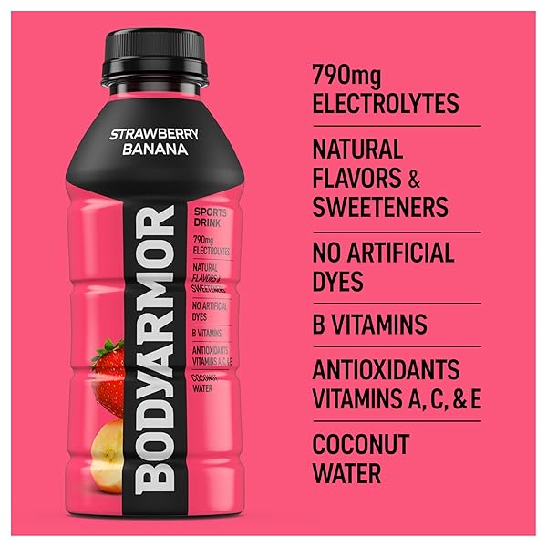 BODYARMOR SPORTS DRINK SPORTS BEVERAGE, STRAWBERRY BANANA, COCONUT WATER HYDRATION, NATURAL FLAVORS WITH VITAMINS, POTASSIUM-PACKED ELECTROLYTES, PERFECT FOR ATHLETES, 16 FL OZ (PACK OF 12)