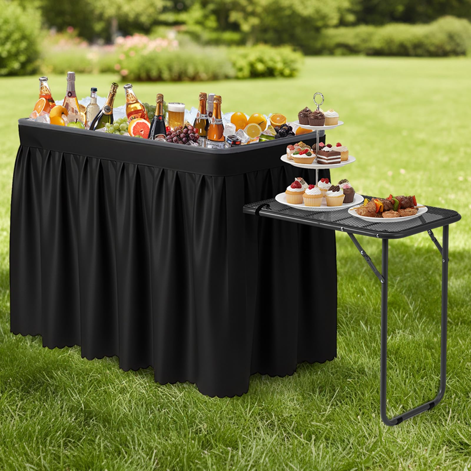 VINGLI Ice Table with Side Table, Portasble Cooler Table with Removable Skirt, Patio Table, Indoor & Outdoor Bar for Events, Parties and Camping Black Image