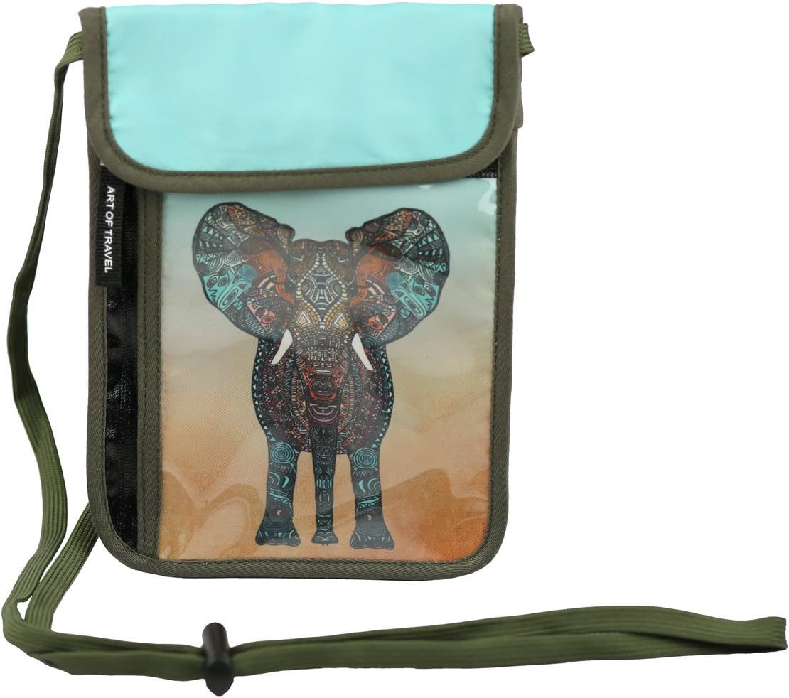 RFID Safe Hidden Travel Passport Neck Wallet by ART OF TRAVEL - A Partnership with Artists Around the World (Monika Strigel (Germany) - Elephant)