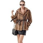 GRAN ORIENTE Womens Belted Winter Faux Fur Coats, Cropped Fuzzy Cuff Furry Zipper Up Warm Jackets Outwear