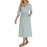 Women's Half Sleeve Plaid Maxi Dress 2026 Spring Summer Gingham Casual Button Down Long Loose Belted Dress